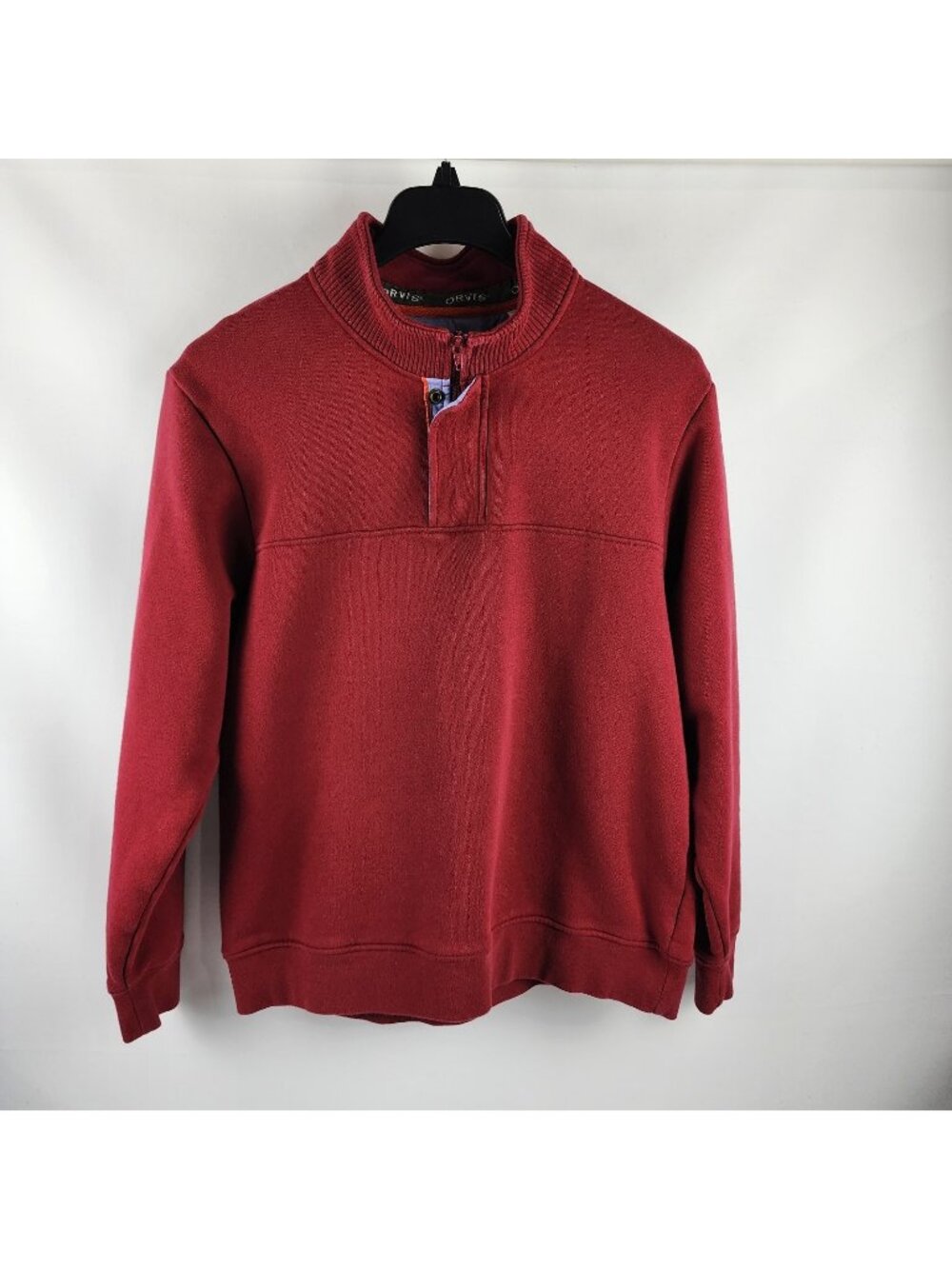 Orvis Sweater Mens Large Red Flying Fish Mock Neck 1/4 Zip Snaps Pullover